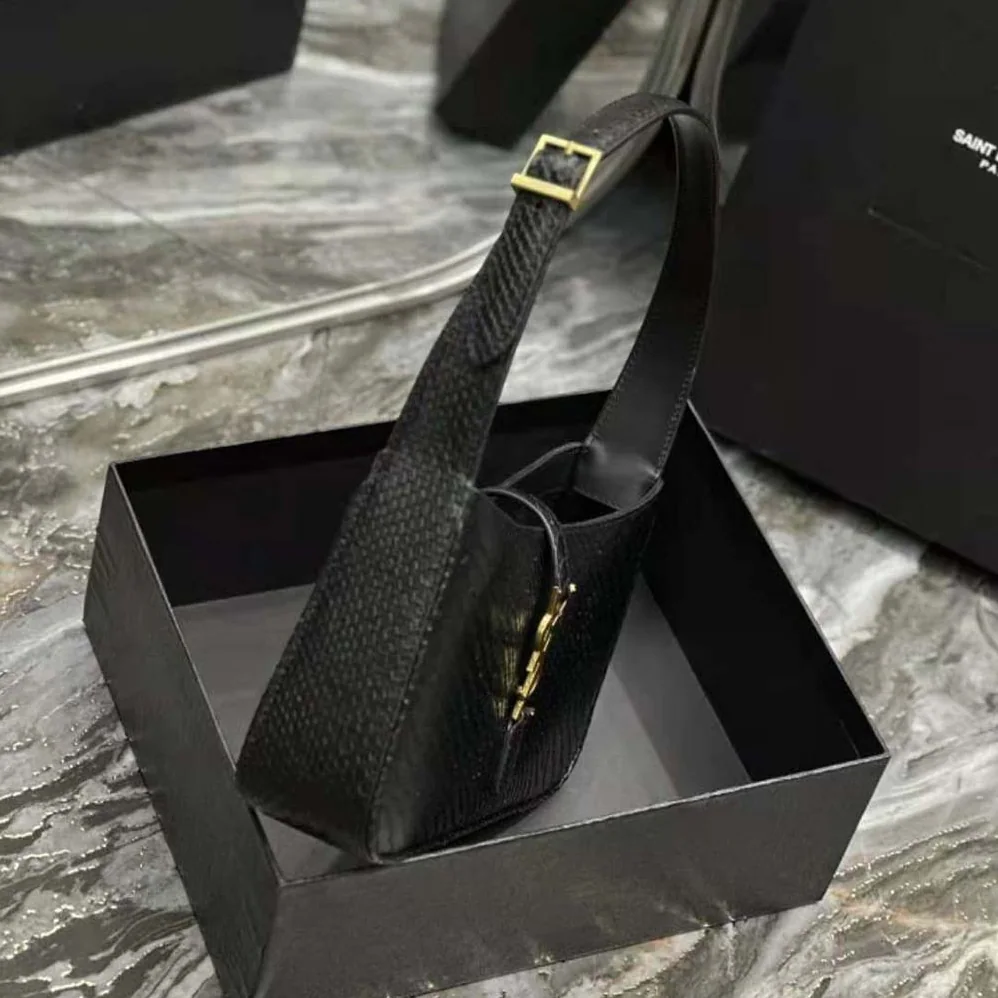 Saint Laurent YSL Le 5 A 7 Hobo Bag in Lizard Shiny Leather for Women in Black Saint Laurent YSL Le 5 A 7 Hobo Bag in Lizard Shiny Leather for Women in Black