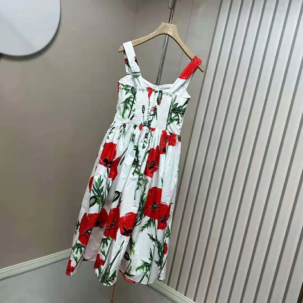 Dolce Gabbana D&G Poppy-Print Poplin Dress with Circle Skirt for Women