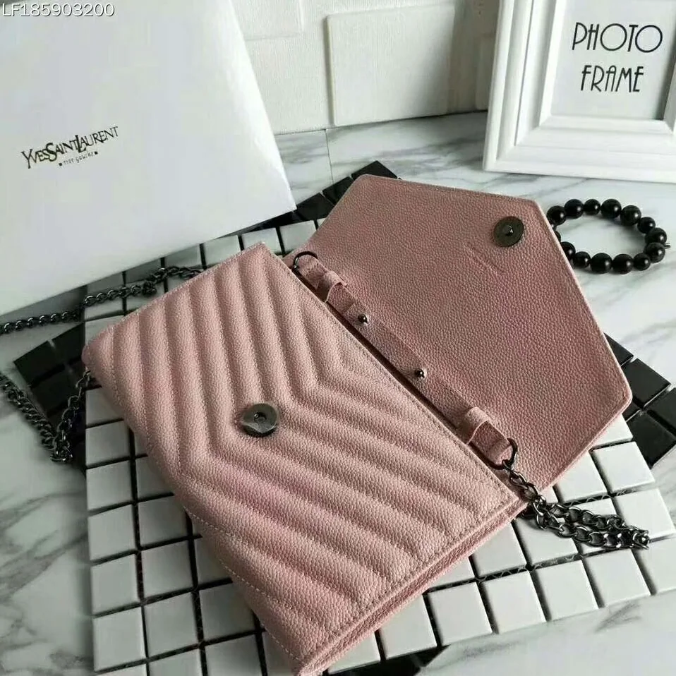 Saint Laurent YSL Medium Monogram Envelope Chain Wallet Silver Hardware in Pink Saint Laurent YSL Medium Monogram Envelope Chain Wallet Silver Hardware in Pink