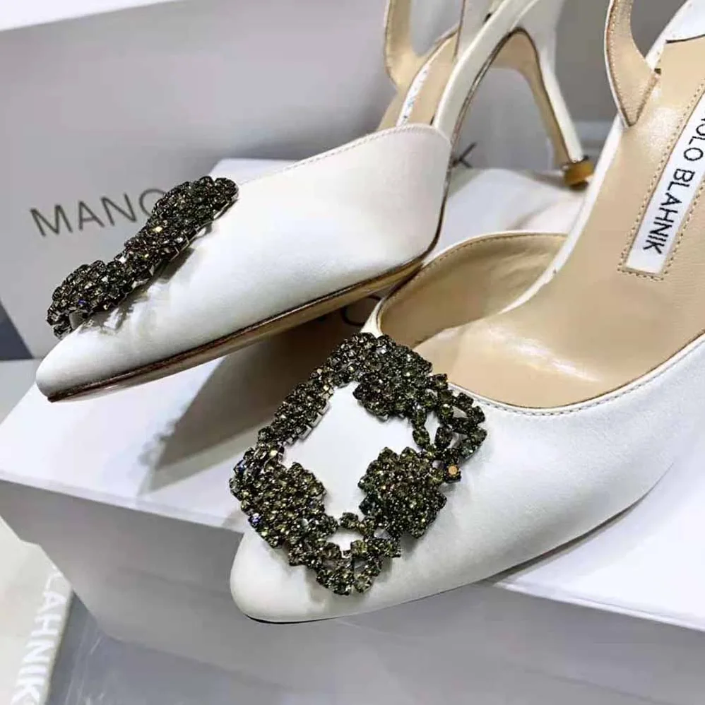 Manolo Blahnik Cream Satin Jewel Buckle Slingback Pumps for Women Manolo Blahnik Cream Satin Jewel Buckle Slingback Pumps for Women