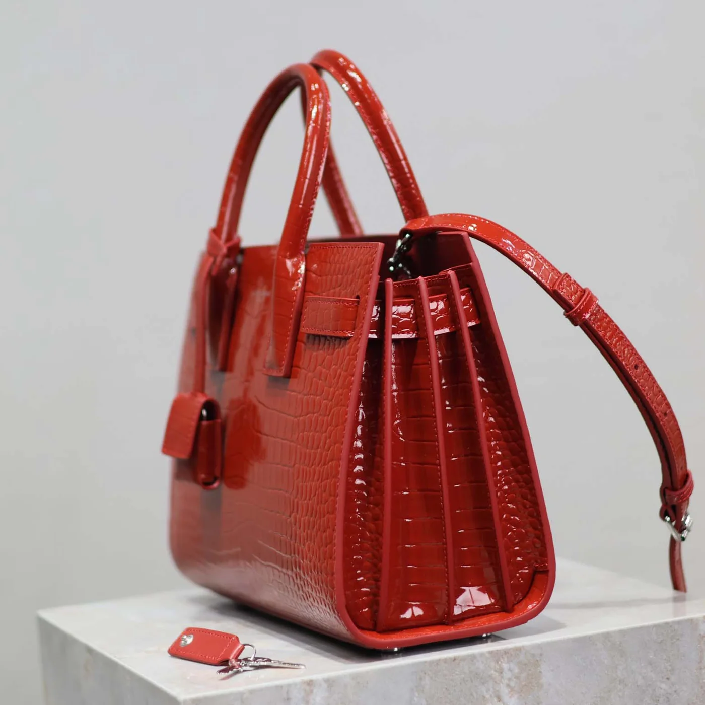 Saint Laurent YSL Sac De Jour in Embossed Crocodile Leather Baby for Women in Red Saint Laurent YSL Sac De Jour in Embossed Crocodile Leather Baby for Women in Red