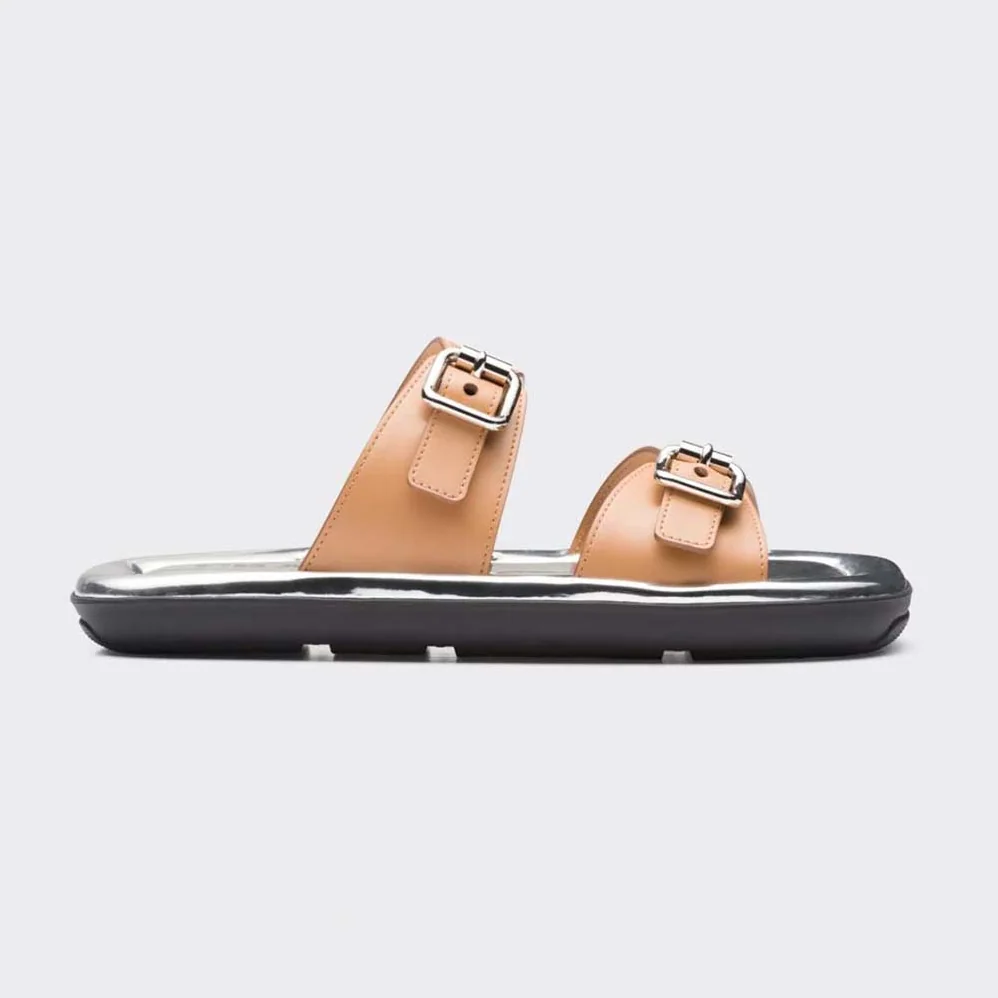 Prada Leather Sandals With Metal Buckle on the Upper for Women in Brown