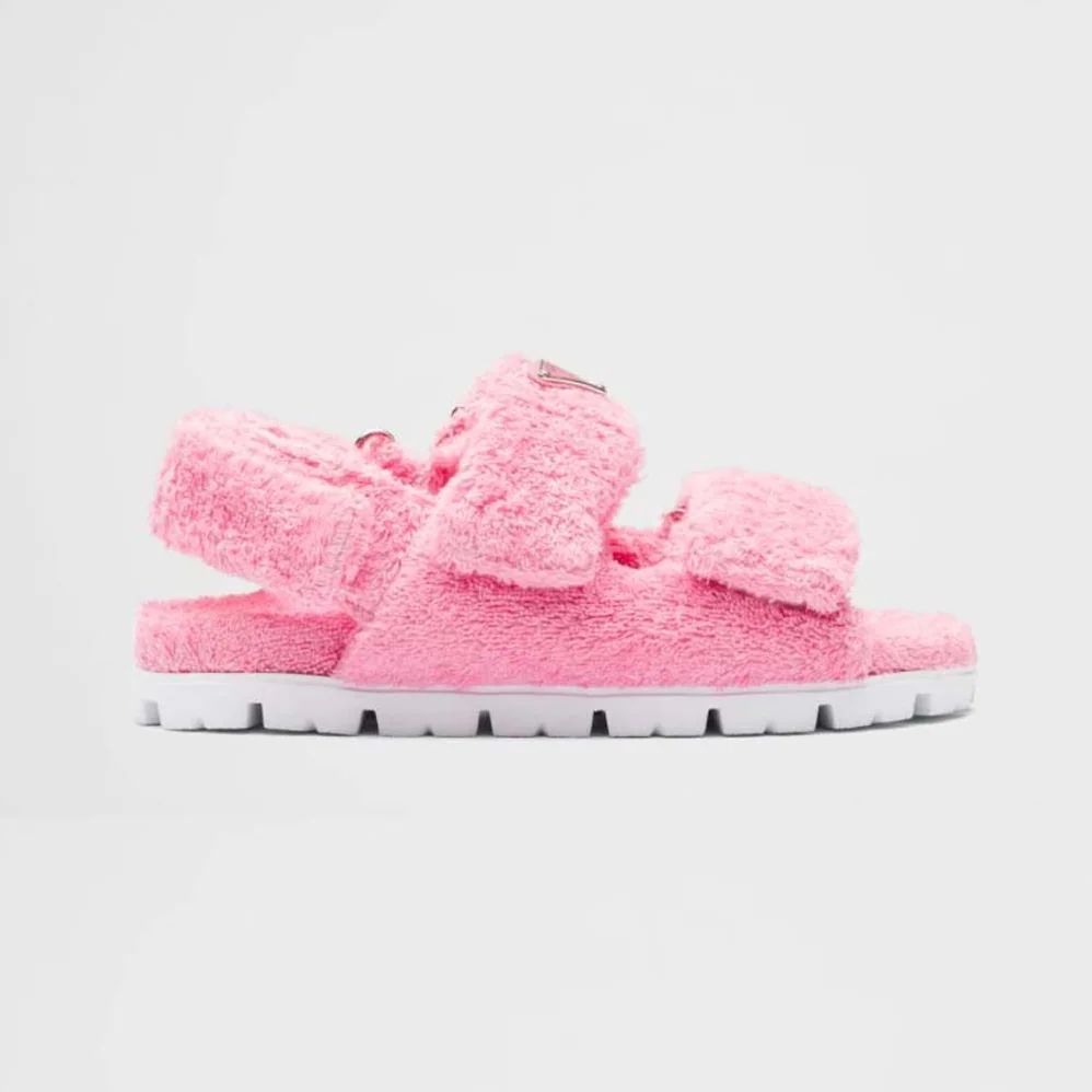 Prada Terrycloth Sandals with Enameled Metal Triangle Logo for Women in Pink