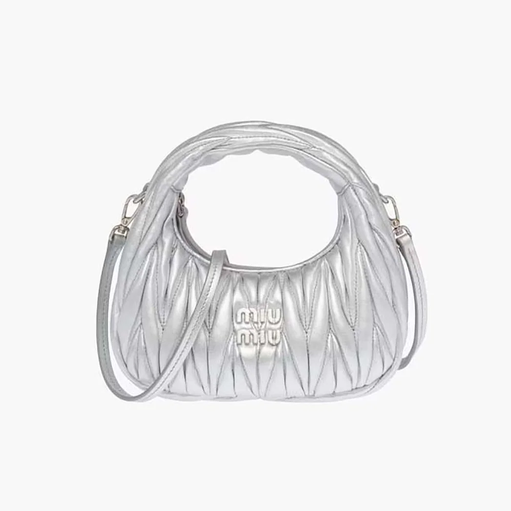 Miu Miu Wander Matelassé Nappa Leather Hobo Mini-Bag for Women in Silver