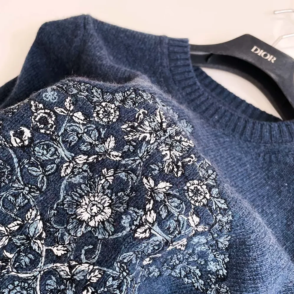 Dior Embroidered Sweater Blue Cashmere Knit for Women