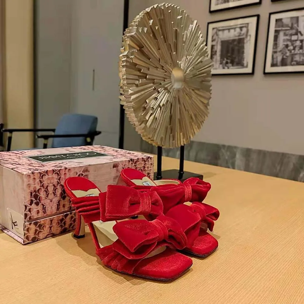 Jimmy Choo Flaca Sandal 100 Red Velvet Sandal with Bow for Women Jimmy Choo Flaca Sandal 100 Red Velvet Sandal with Bow for Women