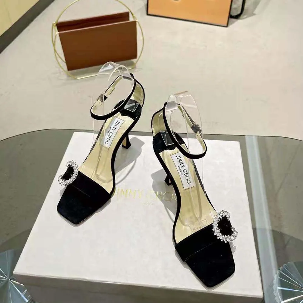 Jimmy Choo Marsai 90 Black Suede Sandals with Crystal Buckle for Women Jimmy Choo Marsai 90 Black Suede Sandals with Crystal Buckle for Women