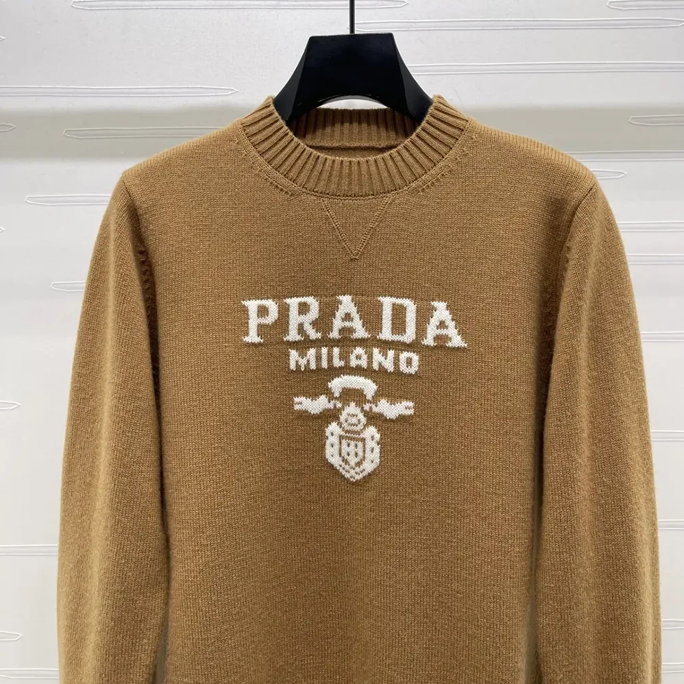 Prada Cashmere And Wool Prada Logo Crew-Neck Sweater for Women in Camel Brown