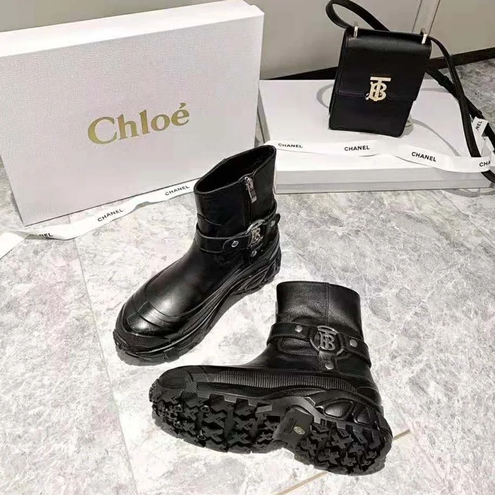Burberry Monogram Motif Buckle Leather Boots for Women in Black Burberry Monogram Motif Buckle Leather Boots for Women in Black