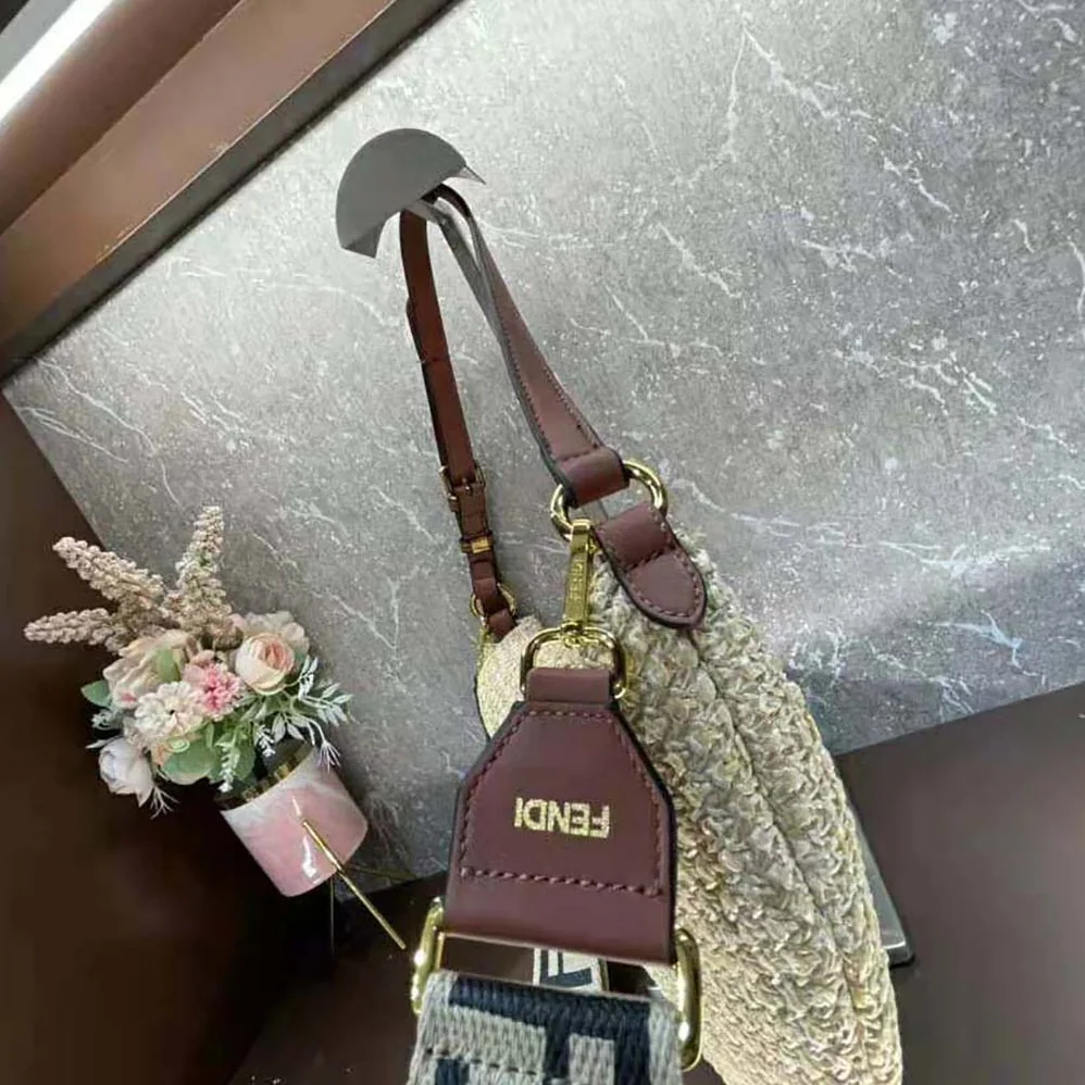 Fendi Small Croissant Woven Straw Bag for Women in Beige