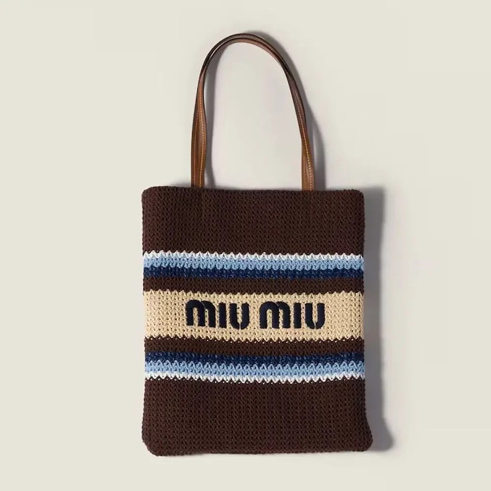 Miu Miu Raffia-Effect Woven Tote Bag for Women in Cocoa Brown/Celeste/Natural