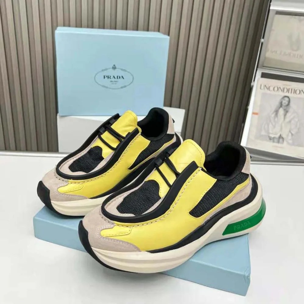 Prada Systeme Brushed Leather Sneakers with Bike Fabric and Suede Elements for Men in Yellow