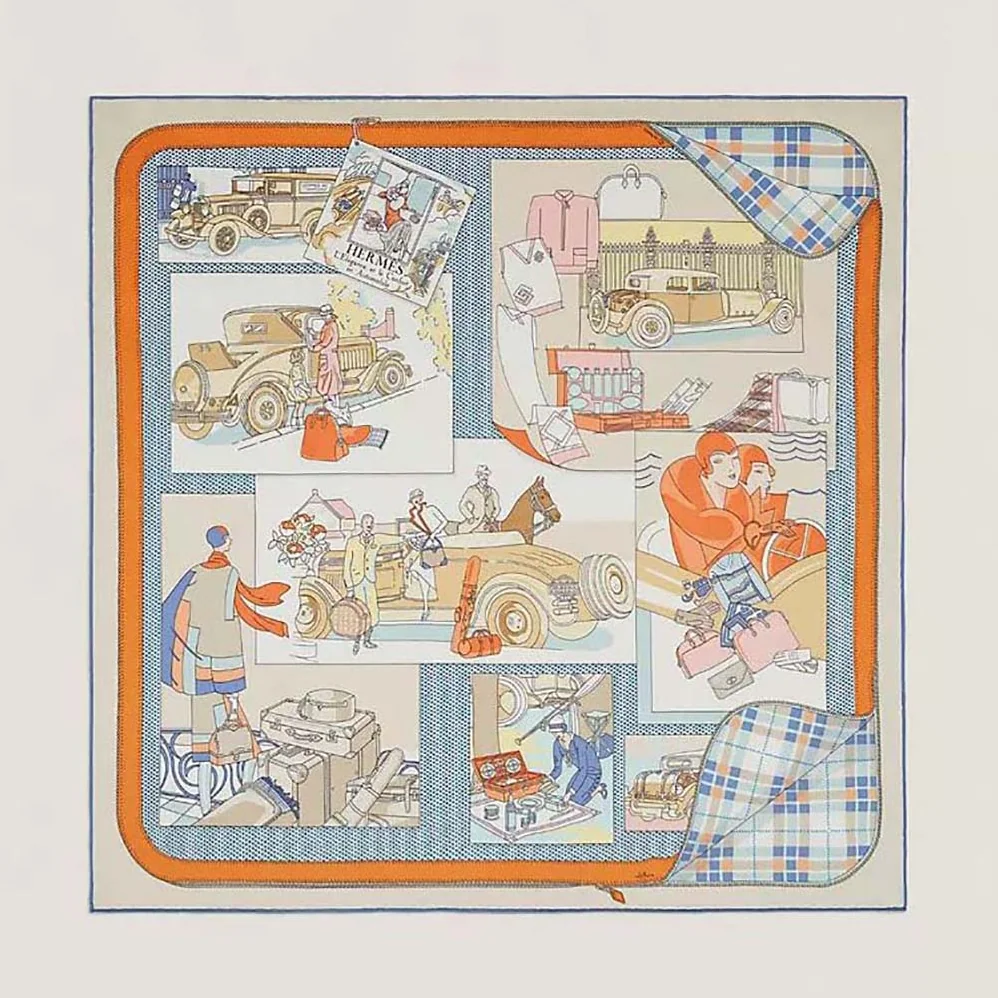 Hermes Confort en Automobile Scarf 70 in Silk Twill with Hand-Rolled Edges for Women in Orange Hermes Confort en Automobile Scarf 70 in Silk Twill with Hand-Rolled Edges for Women in Orange