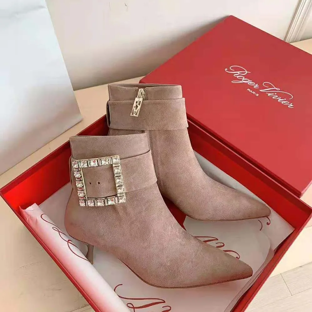 Roger Vivier Pointy Strass Buckle Ankle Boots in Suede for Women Roger Vivier Pointy Strass Buckle Ankle Boots in Suede for Women