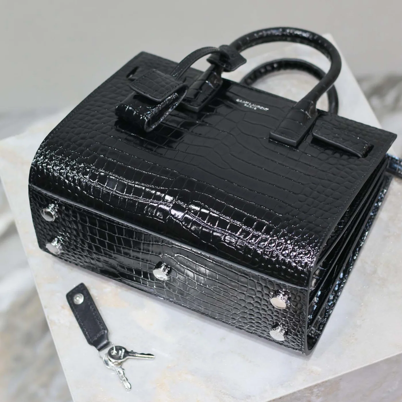 Saint Laurent YSL Sac De Jour in Crocodile Embossed Leather Nano for Women in Black
