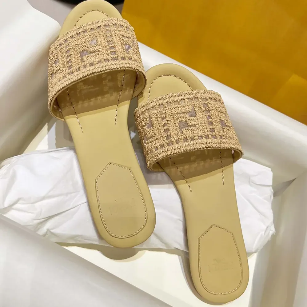 Fendi Sunshine Mesh Slides with Raffia FF Embroidery for Women