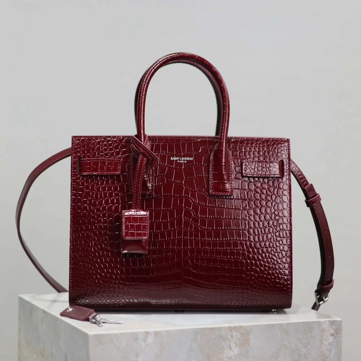 Saint Laurent YSL Sac De Jour in Embossed Crocodile Leather Baby for Women in Maroon Saint Laurent YSL Sac De Jour in Embossed Crocodile Leather Baby for Women in Maroon