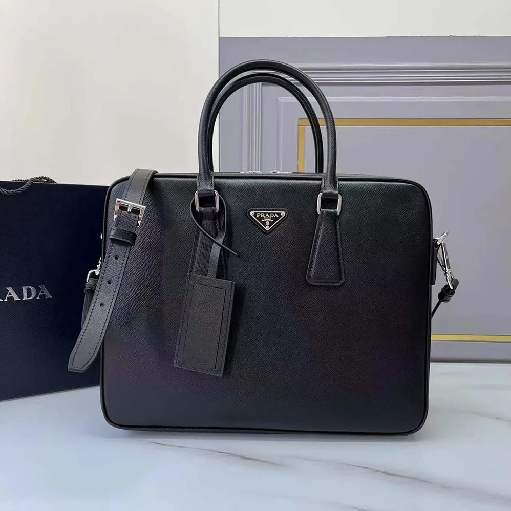 Prada Saffiano Leather Work Bag for Men in Black