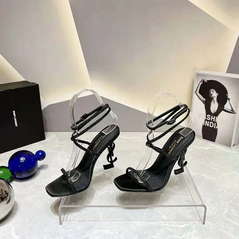 Saint Laurent YSL Opyum Sandals in Crepe Satin and Rhinestones for Women