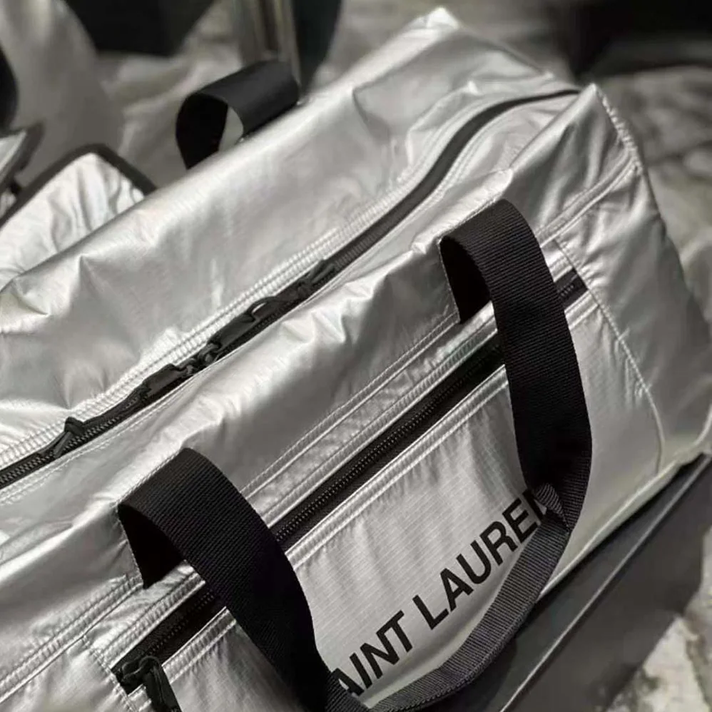 Saint Laurent YSL Nuxx Duffle in Metallized Nylon for Men in Silver Saint Laurent YSL Nuxx Duffle in Metallized Nylon for Men in Silver