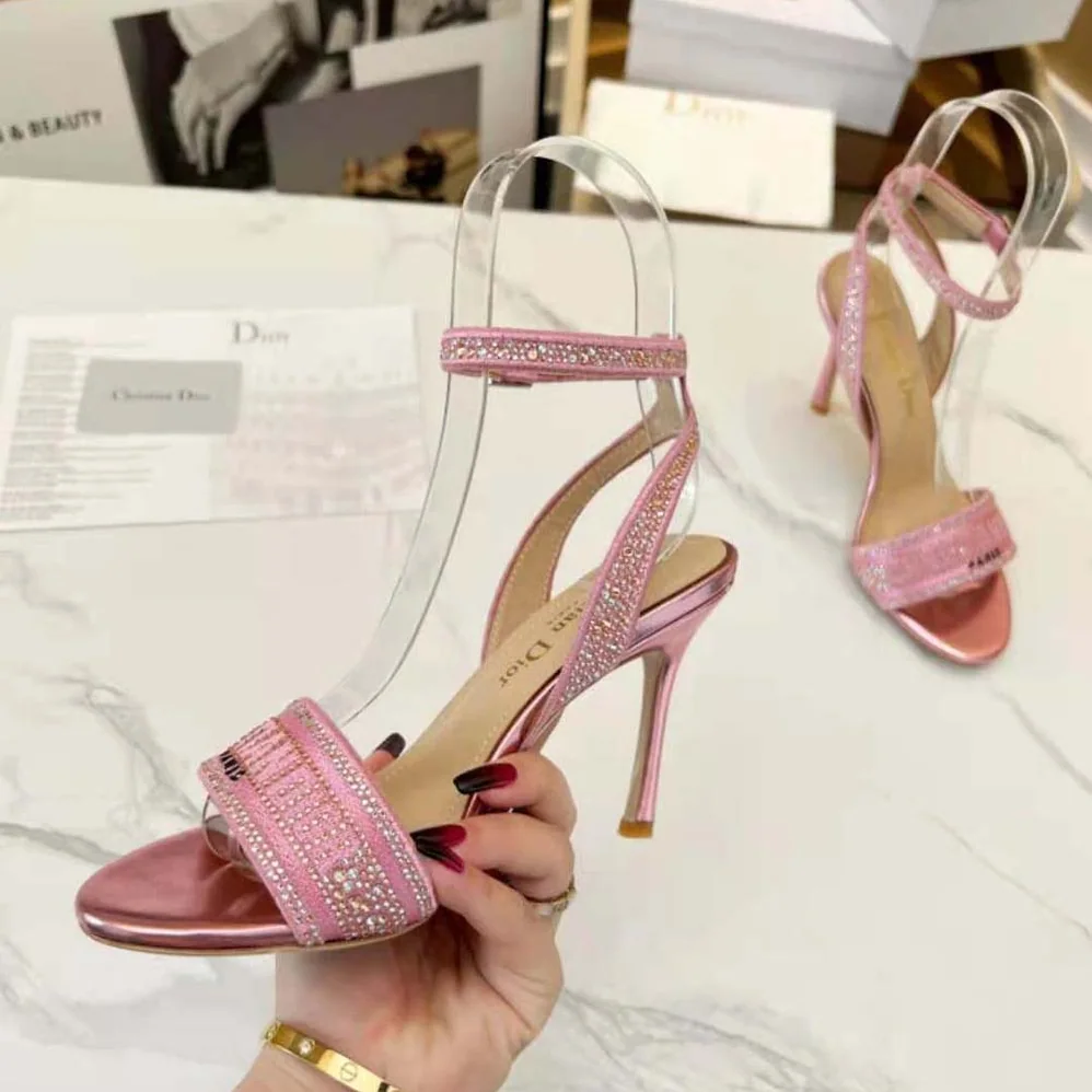 Dior Dway Heeled Slide Pink Cotton Embroidered with Metallic Thread and Strass for Women