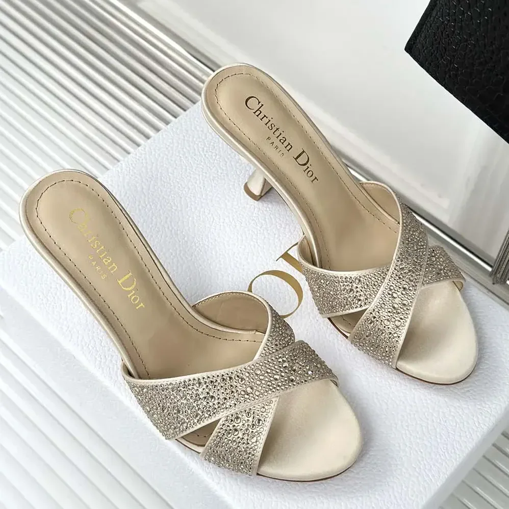 Dior Dior Tribales Heeled Slide Beige Suede Calfskin and Gold for Women in Tone Strass Dior Dior Tribales Heeled Slide Beige Suede Calfskin and Gold for Women in Tone Strass