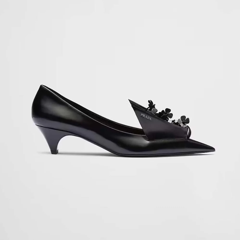 Prada Brushed Leather Pumps with Floral Appliqués for Women in Black