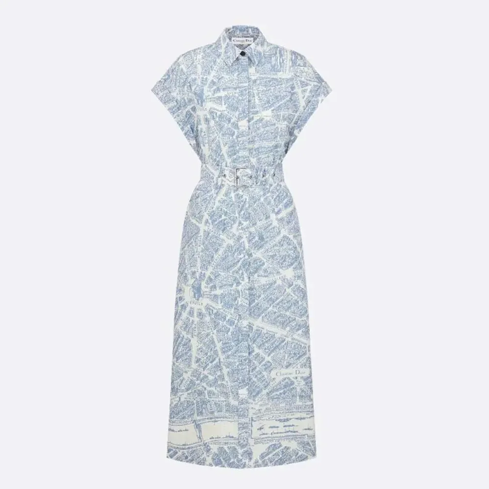 Dior Mid-Length Belted Shirtdress White and Chambray Blue Cotton and Silk Poplin for Women