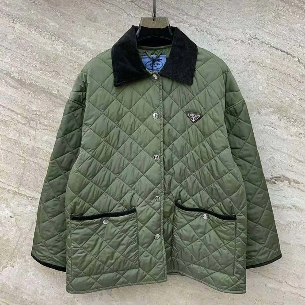 Prada Light Re-Nylon Jacket with Enameled Metal Triangle Logo for Women in Dark Green