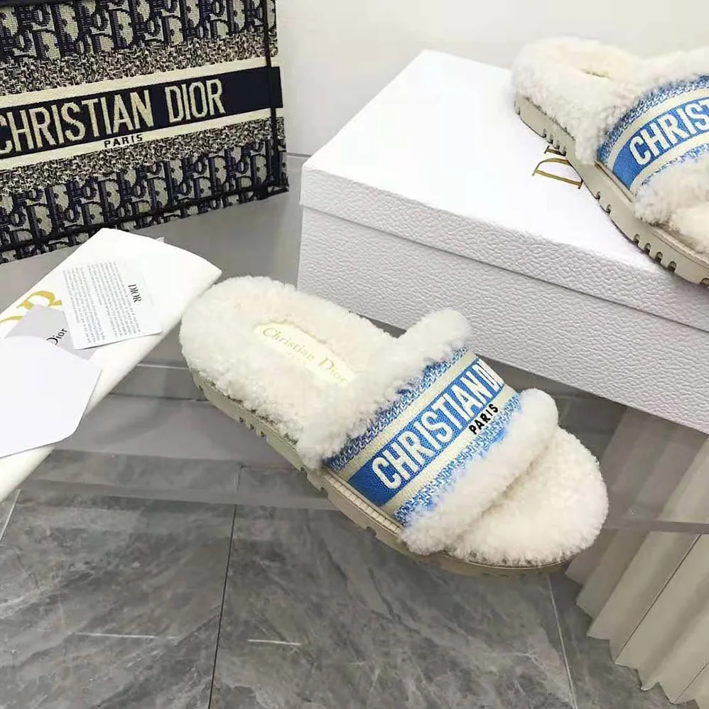 Dior Dway Slide Cornflower Blue Embroidered Cotton and White Shearling for Women