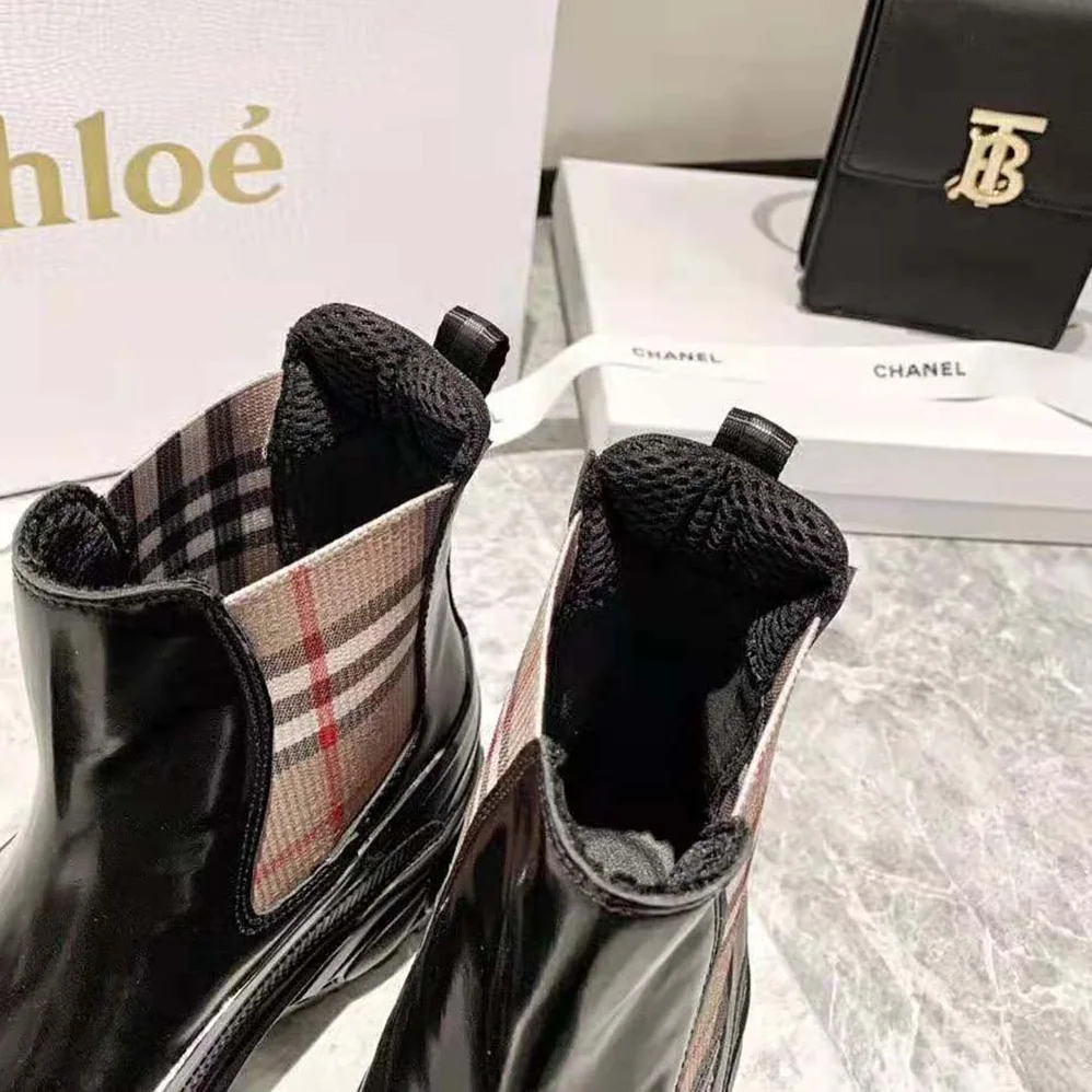 Burberry Vintage Check Detail Coated Canvas Chelsea Boots for Women in Black