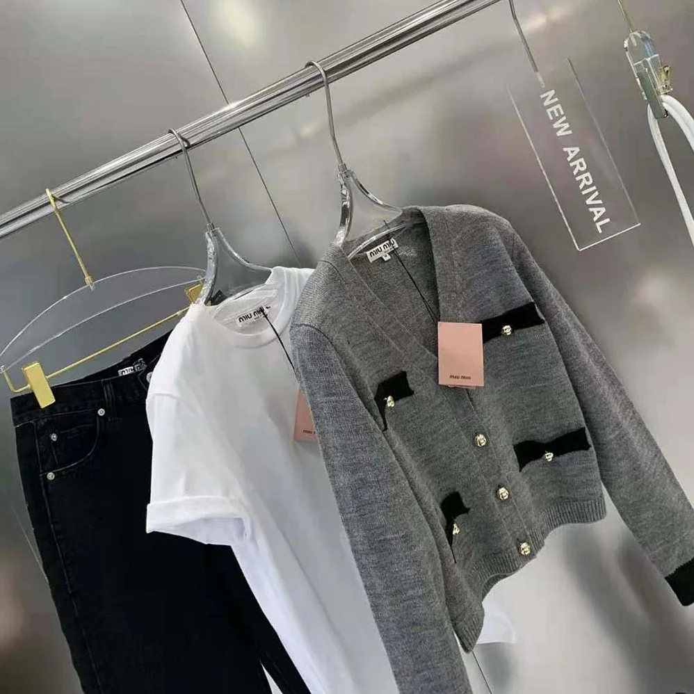 Miu Miu Cashmere Cardigan with Knit Logo Patch for Women in Gray