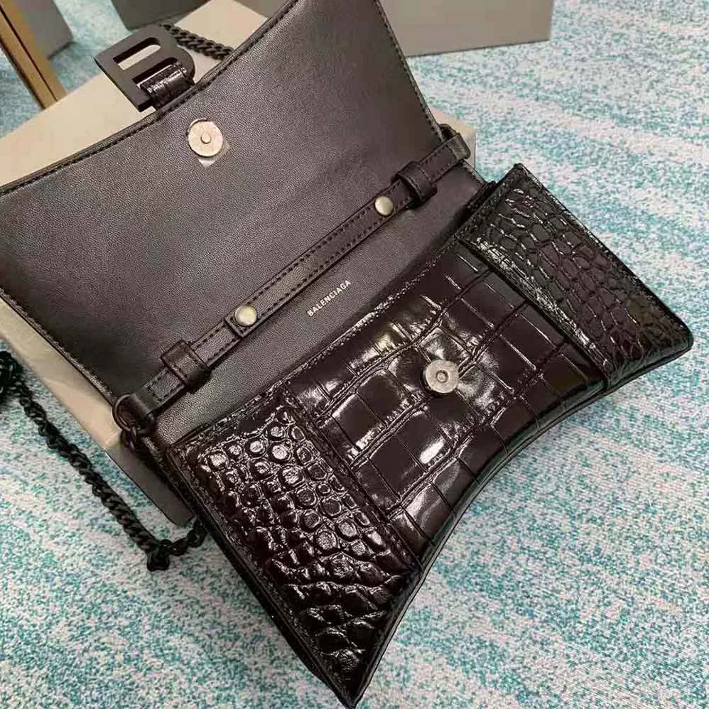 Balenciaga Hourglass Chain Bag in Black Shiny Crocodile Embossed Leather for Women Balenciaga Hourglass Chain Bag in Black Shiny Crocodile Embossed Leather for Women