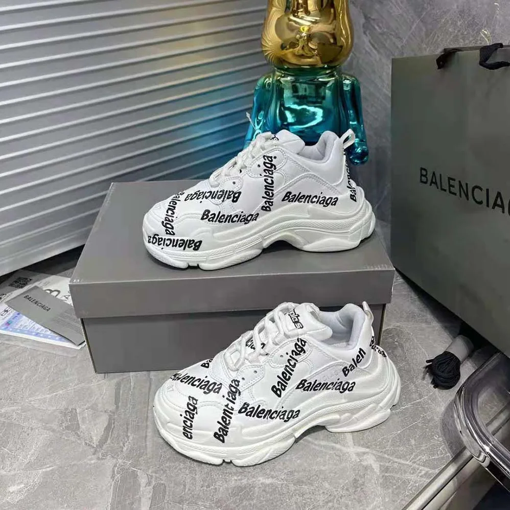 Balenciaga Triple S Logotype Sneaker in White and Black Technical Material for Women
