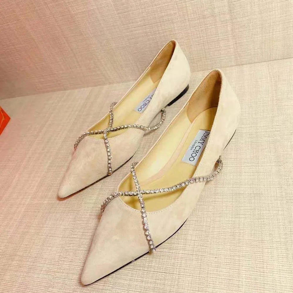 Jimmy Choo Genevi Flat Ballet Pink Pointed-Toe Flats with Crystal Chain for Women
