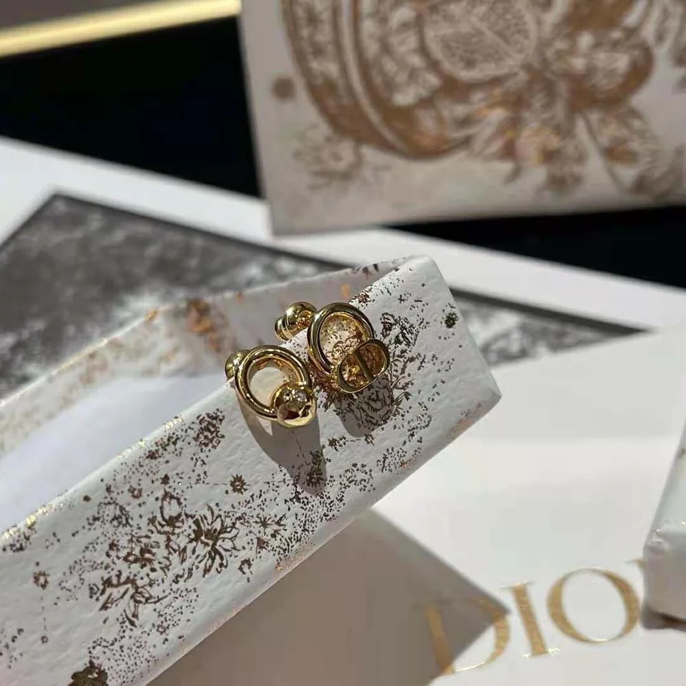 Dior Petit CD Stud Earrings Gold-Finish Metal with a White Crystal for Women Dior Petit CD Stud Earrings Gold-Finish Metal with a White Crystal for Women