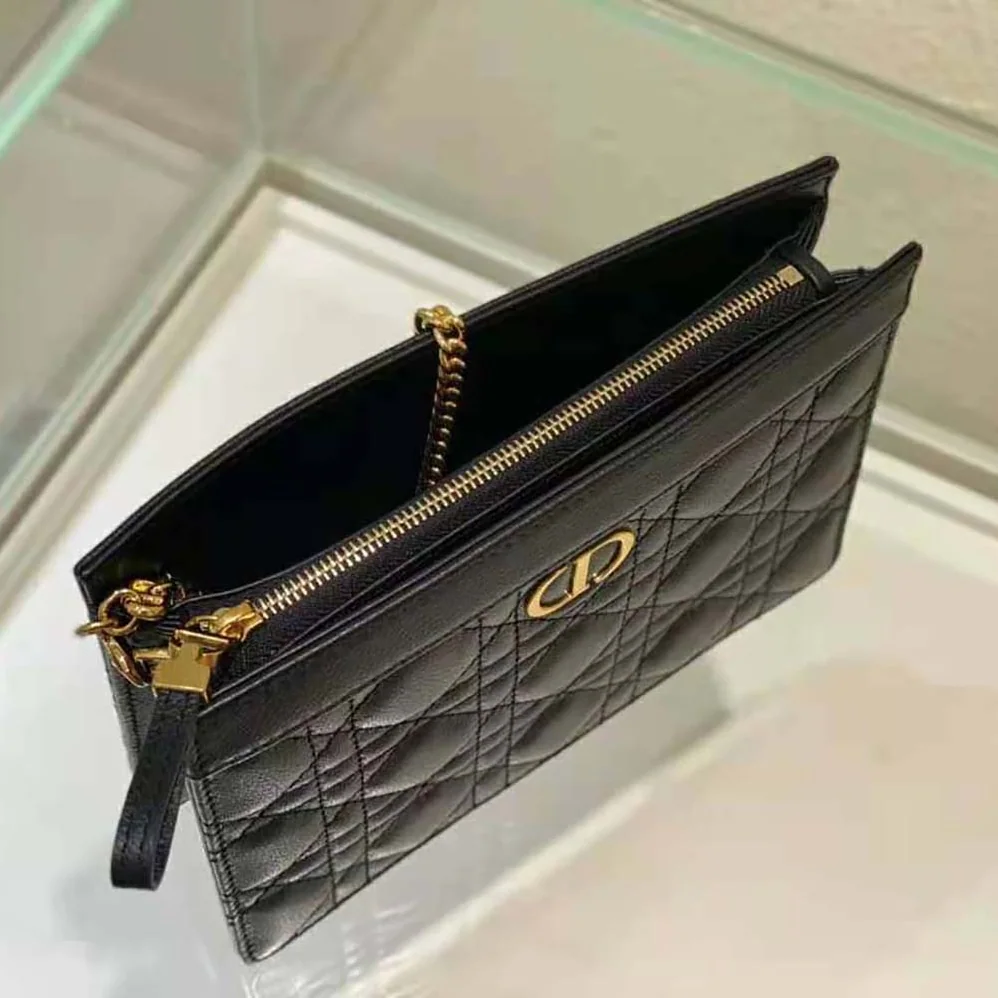 Dior Caro Zipped Pouch with Chain Black Supple Cannage Calfskin for Women
