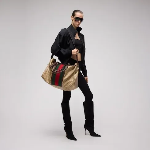 Gucci GG Medium In Web Duffle Bag / Sand/ Dark Brown Gold Hardware Gucci GG Medium In Web Duffle Bag / Sand/ Dark Brown Gold Hardware