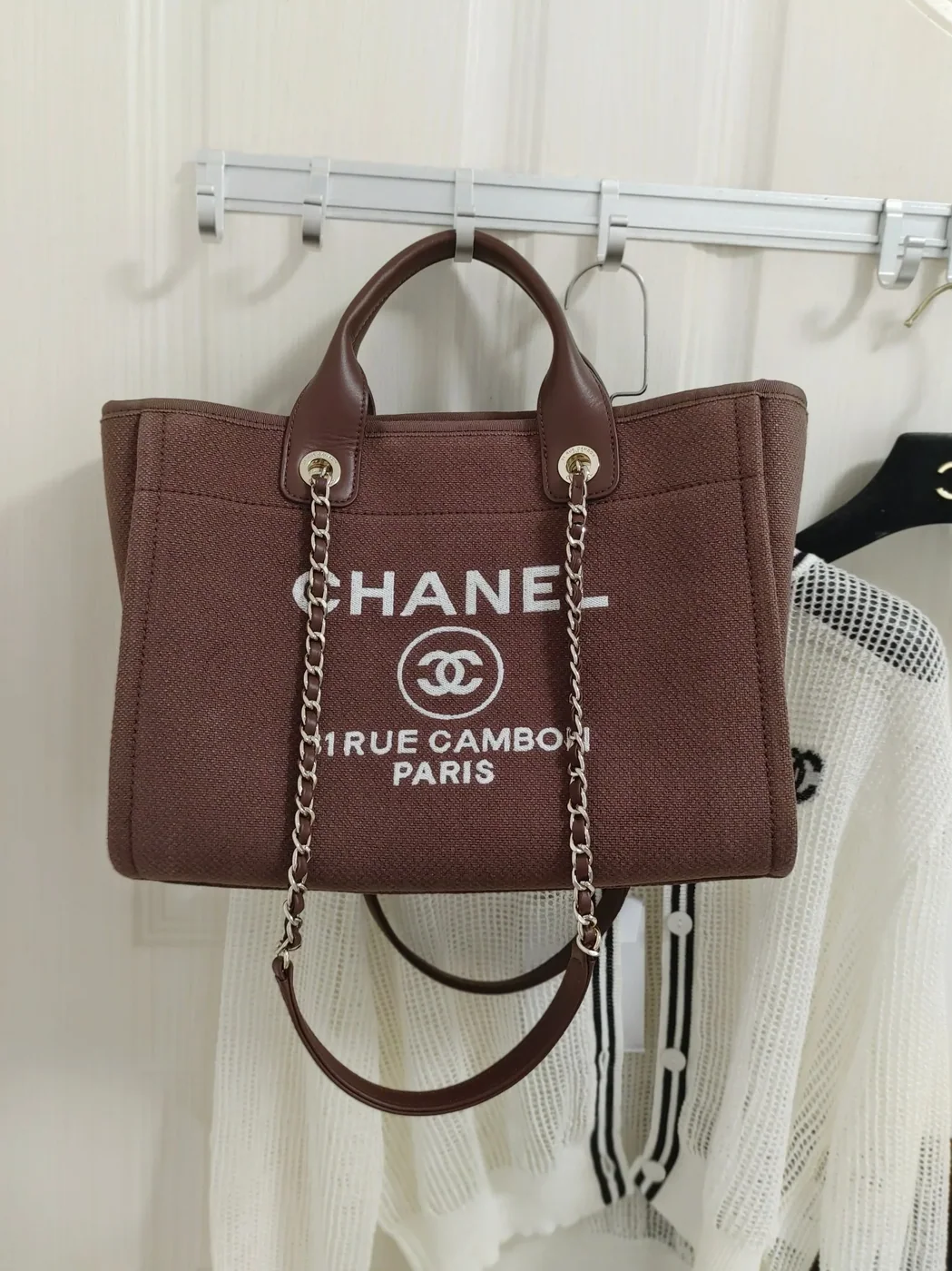 Chanel Deauville Tote Bag in Burgundy Silver Hardware