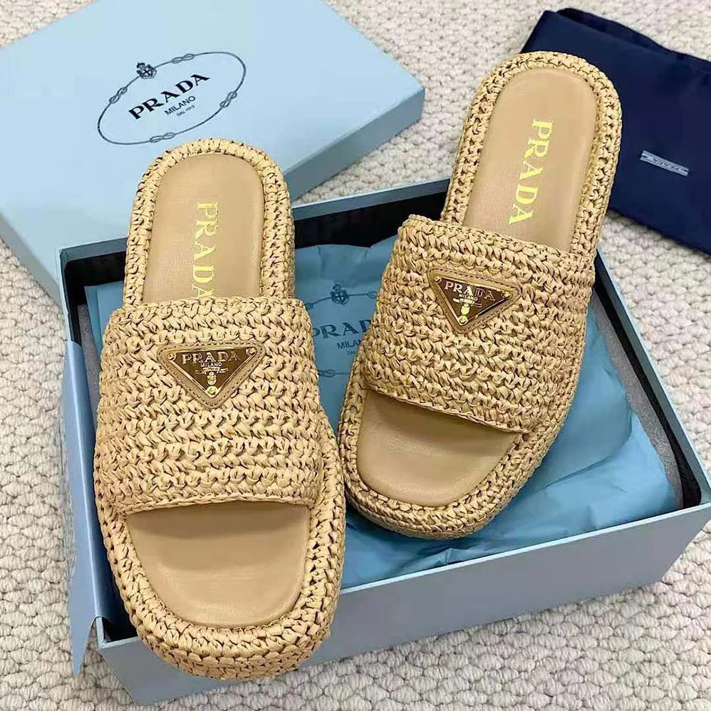 Prada Crochet Flatform Slides with Enameled Metal Triangle Logo for Women in Beige Prada Crochet Flatform Slides with Enameled Metal Triangle Logo for Women in Beige