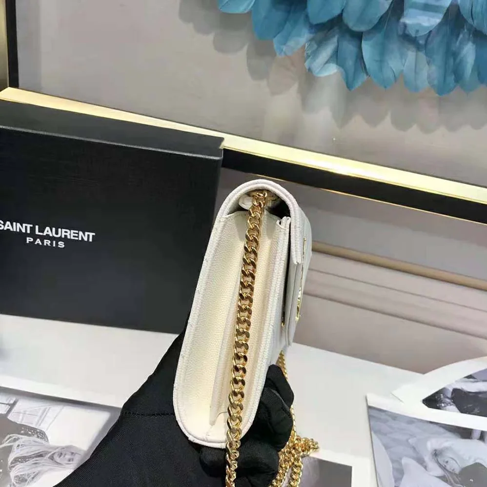 Saint Laurent YSL Monogram Chain Wallet in Grain De Poudre Embossed Leather for Women in White