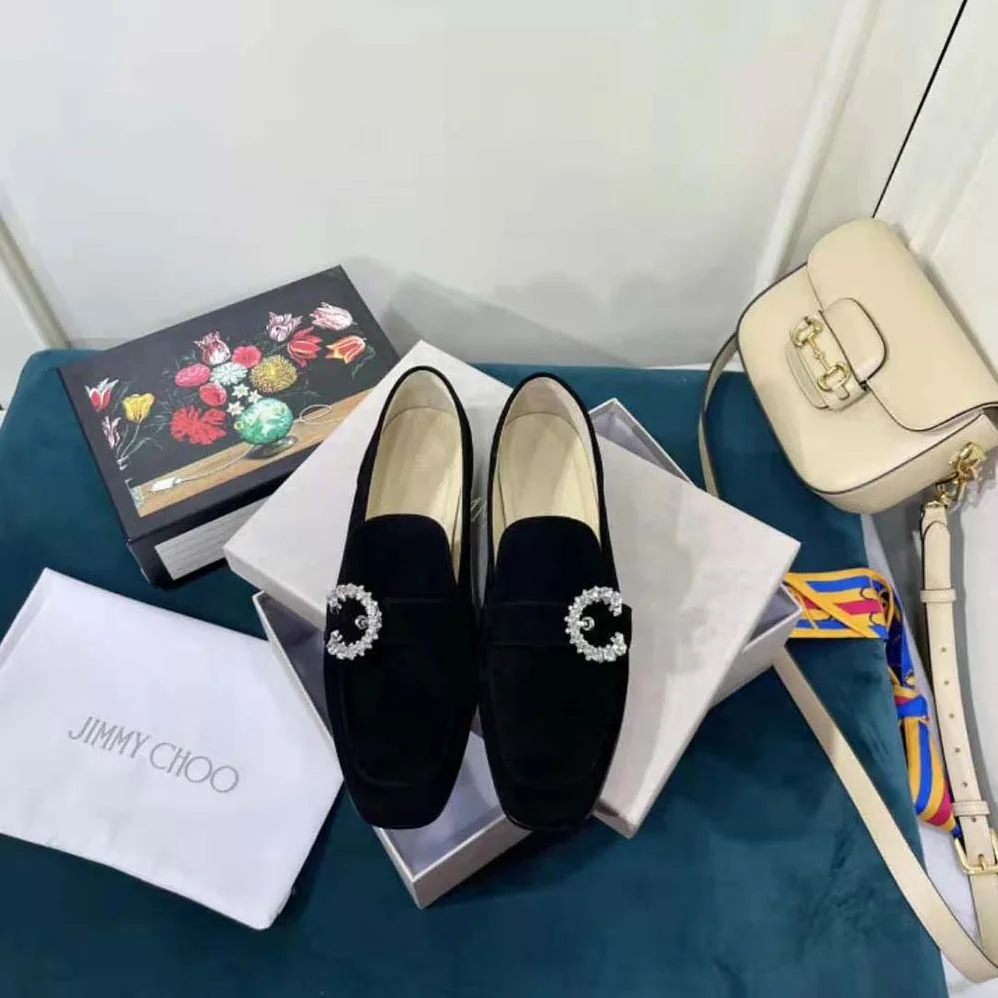 Jimmy Choo Mani Flat Black Suede Loafers with Crystal Buckle for Women