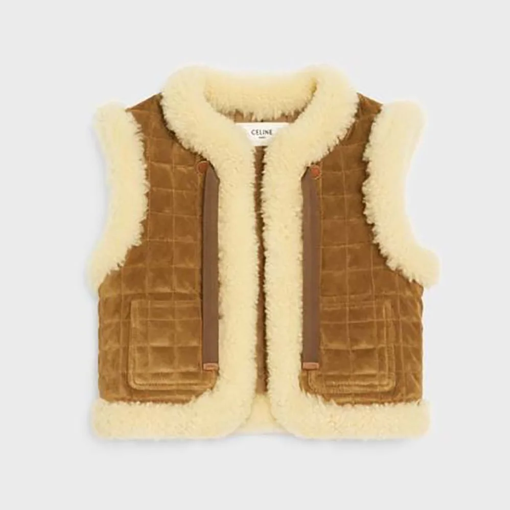 Celine Quilted Vest in Split Leather for Women in Brown
