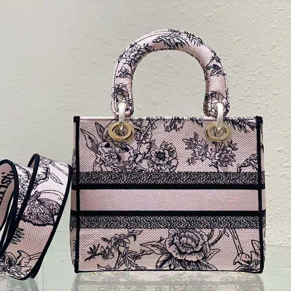 Dior Medium Lady D-lite Bag Powder Pink Dior Jardin Botanique Embroidery for Women
