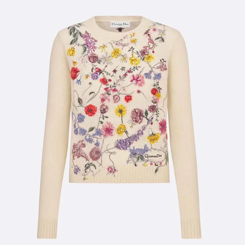Dior Embroidered Sweater White Cashmere Knit with Red Multicolor Florilegio Motif for Women Dior Embroidered Sweater White Cashmere Knit with Red Multicolor Florilegio Motif for Women