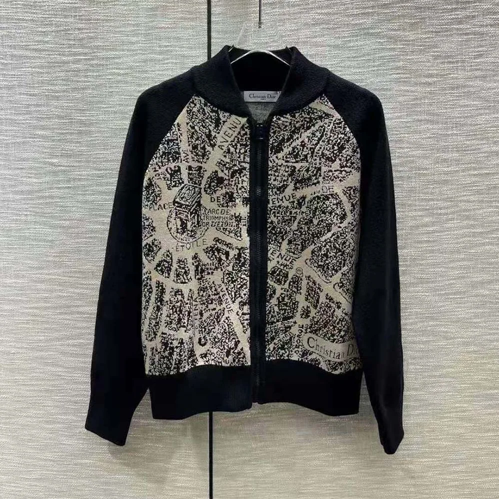 Dior Bomber Jacket Beige and Black Technical Virgin Wool Knit with Plan de Paris Motif for Women