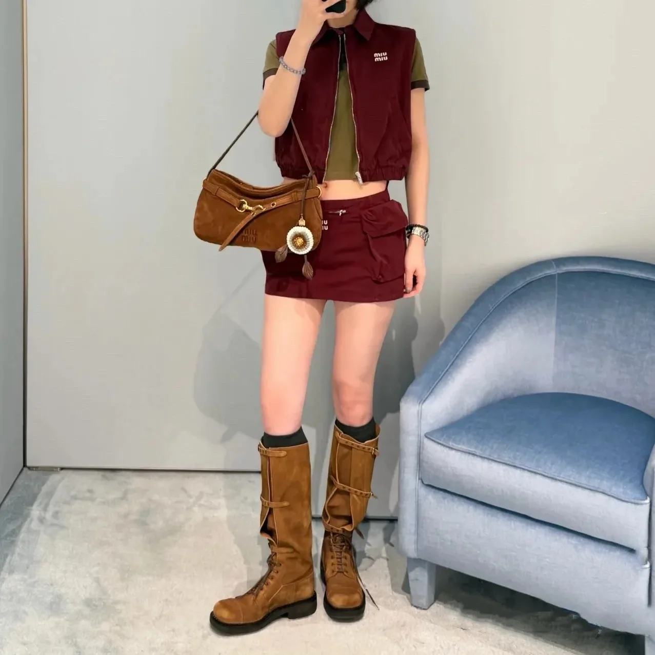 Miu Miu Technical Poplin Cargo Mini Skirt Bordeaux Miu Miu Technical Poplin Cargo Mini Skirt Bordeaux