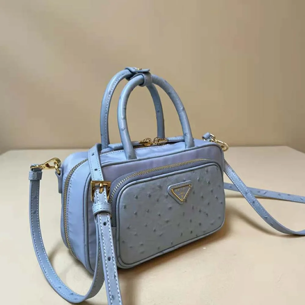 Prada Re-Nylon and Ostrich Leather Two-handle Bag for Women in Blue