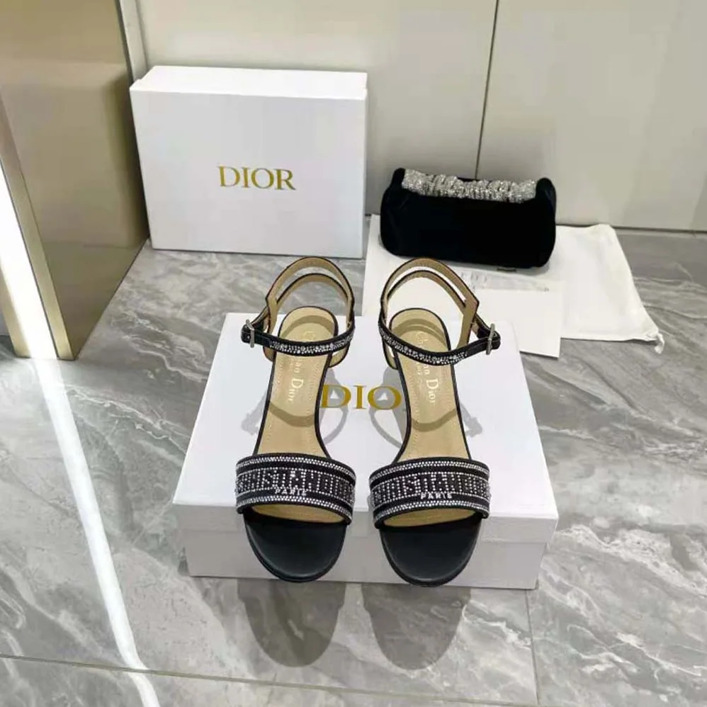 Dior Dway Heeled Sandal Black Cotton Embroidered with Thread and Silver for Women in Tone Strass