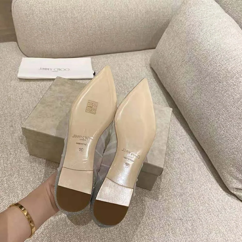 Jimmy Choo Love Flat Metallic Silver Glitter Fabric Flats with Ivory Tulle Overlay for Women Jimmy Choo Love Flat Metallic Silver Glitter Fabric Flats with Ivory Tulle Overlay for Women